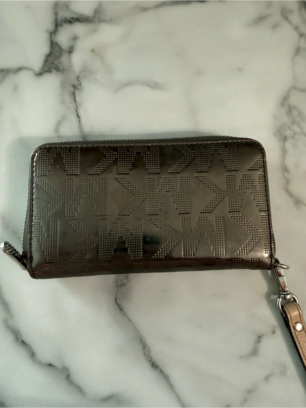 Michael Kors Metallic Brown Logo Zip Wristlet with Beige Strap